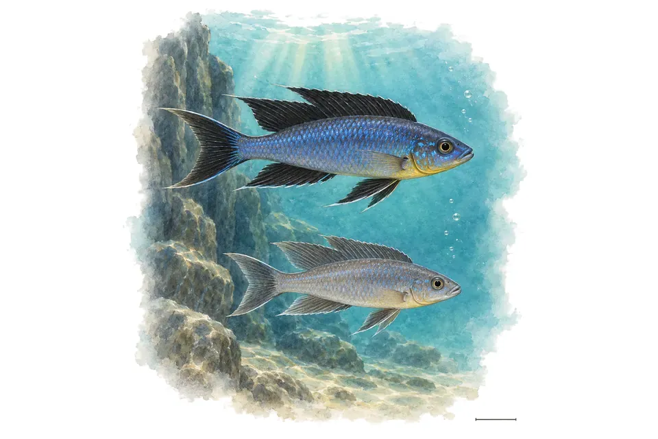 Aquarelle : Paracyprichromis bleu, mâle et femelle l'un au-dessus de l'autre dans une eau turquoise.