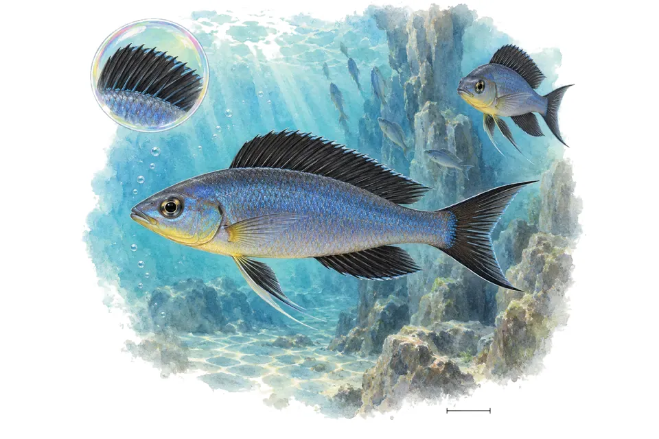 Aquarelle : Paracyprichromis bleu (Paracyprichromis nigripinnis) dans une eau turquoise lumineuse, avec une vue de trois quarts et un détail dans une bulle.