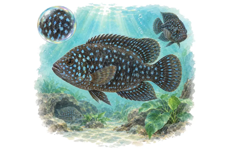 Aquarelle : Cichlidé de Madagascar (Paratilapia polleni) dans une eau turquoise lumineuse, avec une vue de trois quarts et un détail dans une bulle.