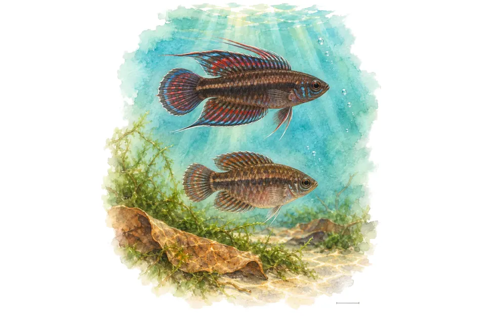 Aquarelle : Parosphromène, mâle et femelle l'un au-dessus de l'autre dans une eau turquoise.