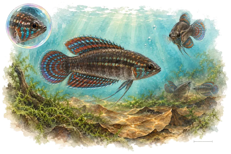 Aquarelle : Parosphromène (Parosphromenus deissneri) dans une eau turquoise lumineuse, avec une vue de trois quarts et un détail dans une bulle.
