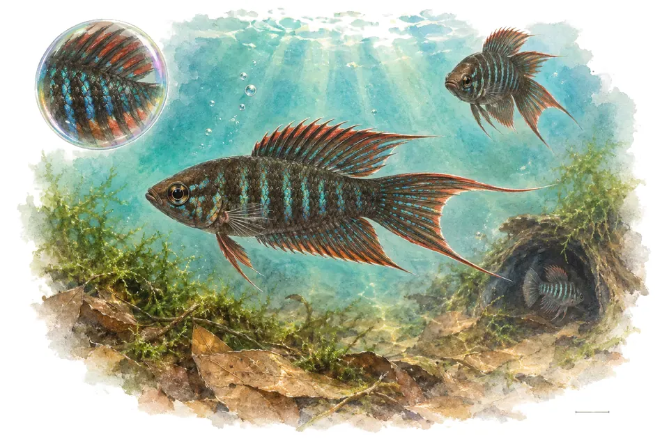 Aquarelle : Parosphromène de Linke (Parosphromenus linkei) dans une eau turquoise lumineuse, avec une vue de trois quarts et un détail dans une bulle.