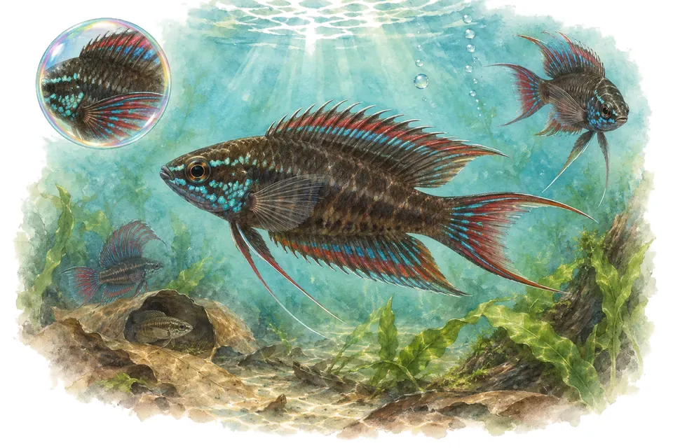 Aquarelle : Parosphromène de Nagy (Parosphromenus nagyi) dans une eau turquoise lumineuse, avec une vue de trois quarts et un détail dans une bulle.