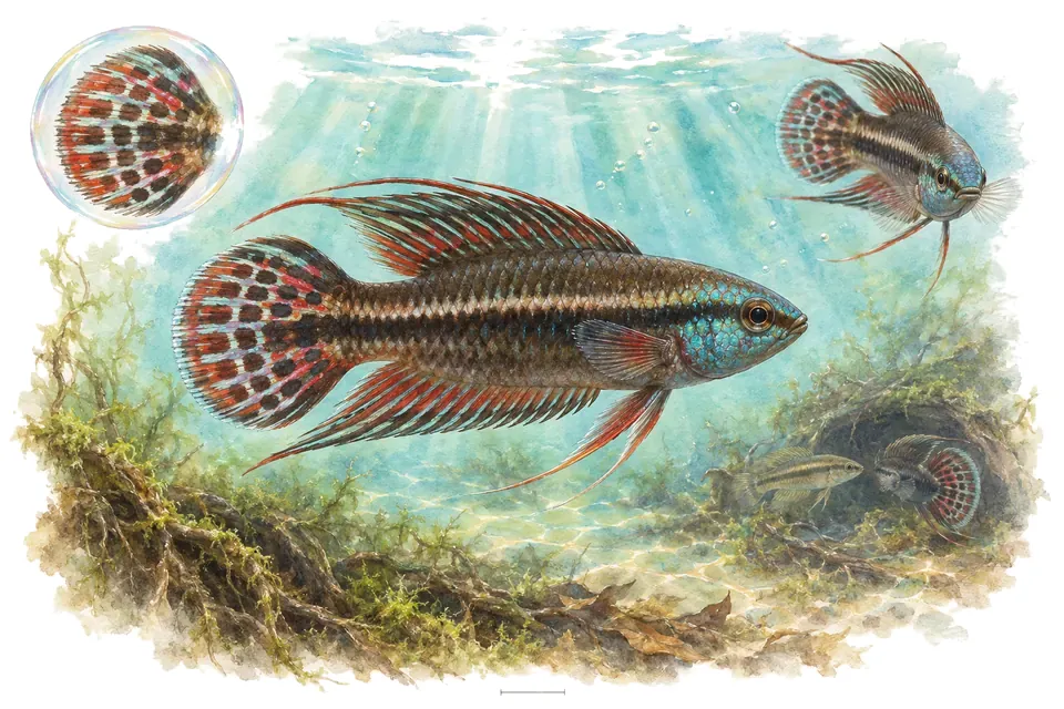 Aquarelle : Parosphromène à queue ornée (Parosphromenus ornaticauda) dans une eau turquoise lumineuse, avec une vue de trois quarts et un détail dans une bulle.