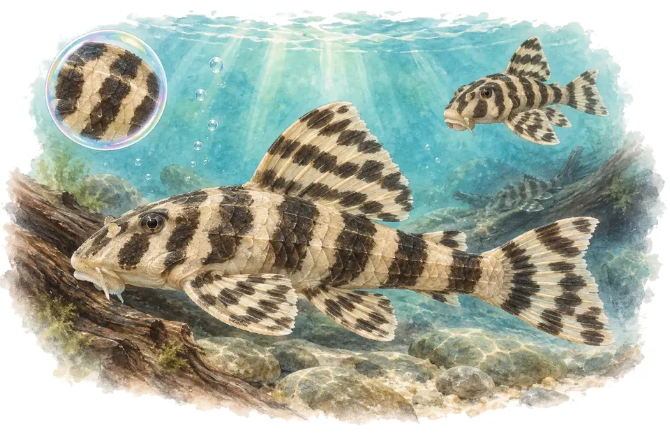 Aquarelle : Peckoltia L134 (Peckoltia compta) dans une eau turquoise lumineuse, avec une vue de trois quarts et un détail dans une bulle.