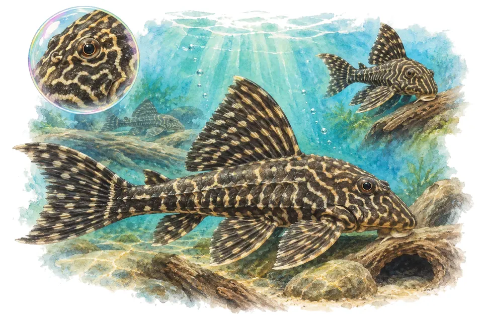 Aquarelle : Peckoltia royal (Ancistomus sabaji) dans une eau turquoise lumineuse, avec une vue de trois quarts et un détail dans une bulle.