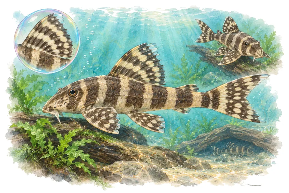 Aquarelle : Peckoltia zébré brun (Peckoltia vittata) dans une eau turquoise lumineuse, avec une vue de trois quarts et un détail dans une bulle.