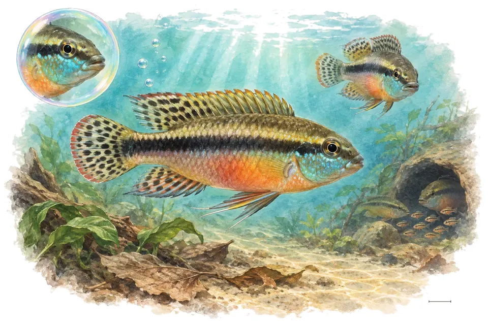 Aquarelle : Pelmato taeniatus (Pelvicachromis taeniatus) dans une eau turquoise lumineuse, avec une vue de trois quarts et un détail dans une bulle.