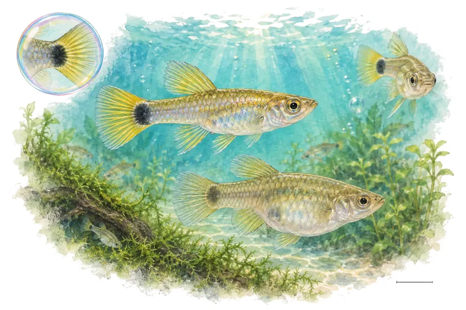 Aquarelle : Phallocère à queue tachetée (Phalloceros caudimaculatus) dans une eau turquoise lumineuse, avec une vue de trois quarts et un détail dans une bulle.