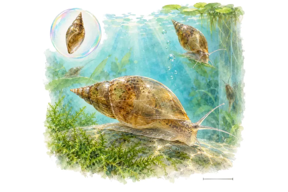 Aquarelle : Physe de Floride (Physella gyrina) dans une eau turquoise lumineuse, avec une vue de trois quarts et un détail dans une bulle.