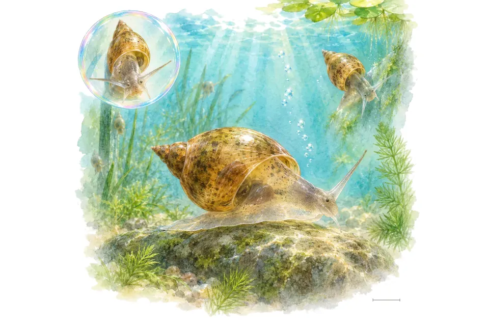 Aquarelle : Physe (Physella acuta) dans une eau turquoise lumineuse, avec une vue de trois quarts et un détail dans une bulle.