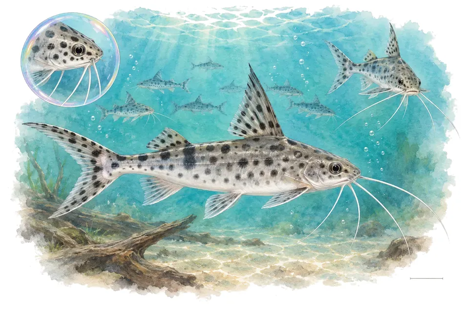 Aquarelle : Pimélode tacheté (Pimelodus pictus) dans une eau turquoise lumineuse, avec une vue de trois quarts et un détail dans une bulle.