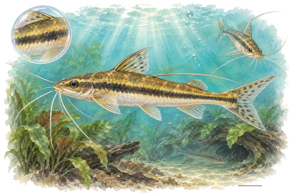 Aquarelle : Pimelodella chagresi (Pimelodella chagresi) dans une eau turquoise lumineuse, avec une vue de trois quarts et un détail dans une bulle.