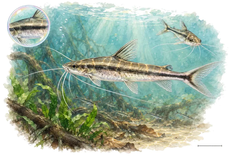 Aquarelle : Pimelodella gracilis (Pimelodella gracilis) dans une eau turquoise lumineuse, avec une vue de trois quarts et un détail dans une bulle.