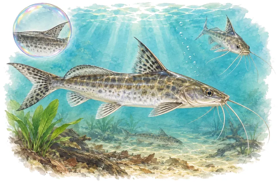 Aquarelle : Pimélode de Bloch (Pimelodus blochii) dans une eau turquoise lumineuse, avec une vue de trois quarts et un détail dans une bulle.