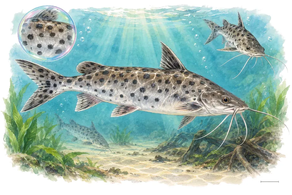 Aquarelle : Pimélode tacheté (Pimelodus maculatus) dans une eau turquoise lumineuse, avec une vue de trois quarts et un détail dans une bulle.