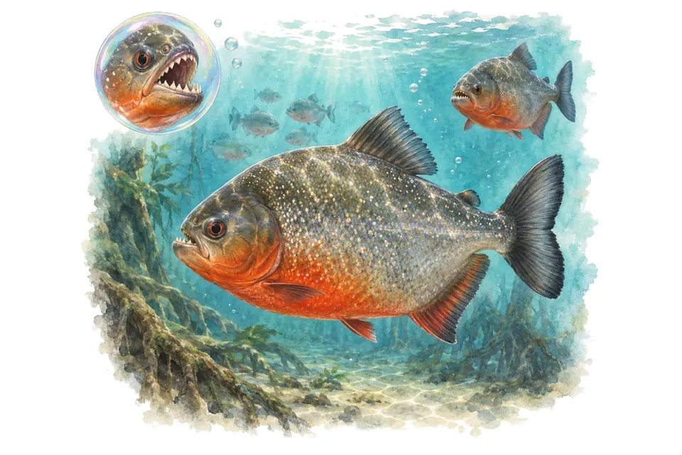 Aquarelle : Piranha rouge (Pygocentrus nattereri) dans une eau turquoise lumineuse, avec une vue de trois quarts et un détail dans une bulle.