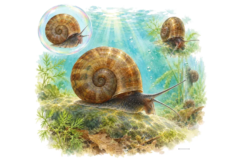 Aquarelle : Planorbe européen (Planorbarius corneus) dans une eau turquoise lumineuse, avec une vue de trois quarts et un détail dans une bulle.
