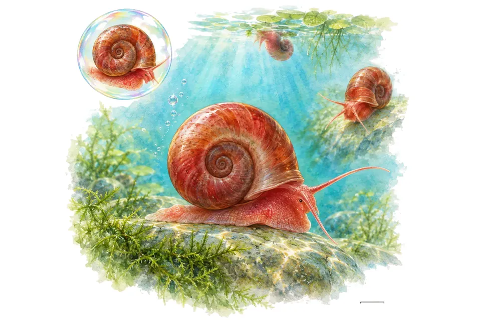 Aquarelle : Planorbe rouge (Planorbella duryi) dans une eau turquoise lumineuse, avec une vue de trois quarts et un détail dans une bulle.