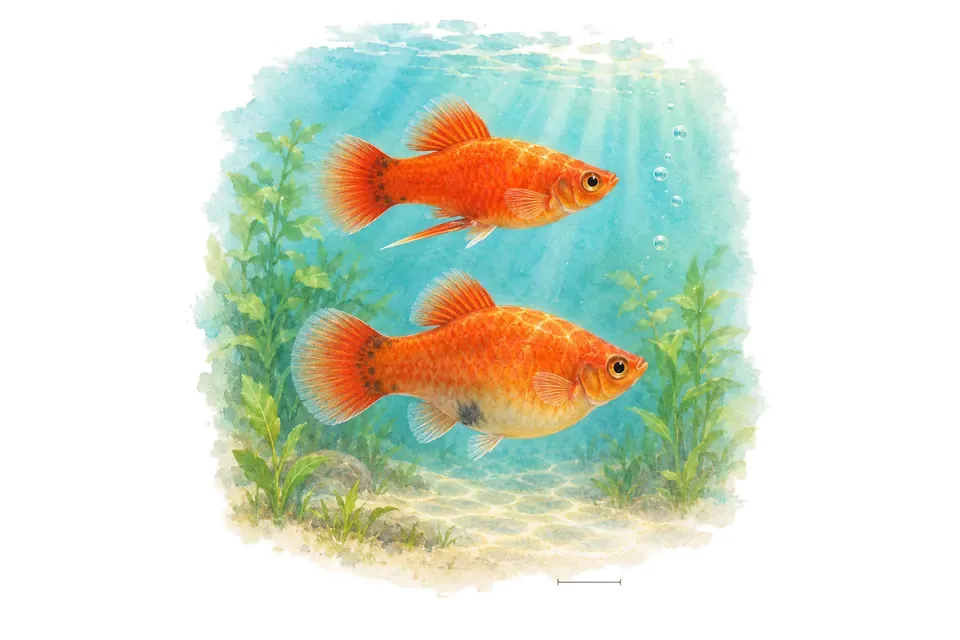 Aquarelle : Platy, mâle et femelle l'un au-dessus de l'autre dans une eau turquoise.