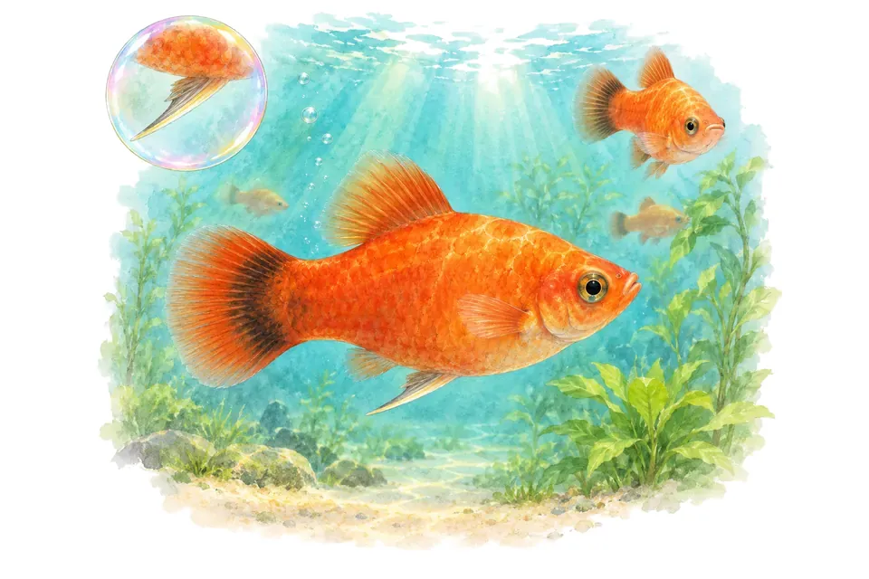 Aquarelle : Platy (Xiphophorus maculatus) dans une eau turquoise lumineuse, avec une vue de trois quarts et un détail dans une bulle.