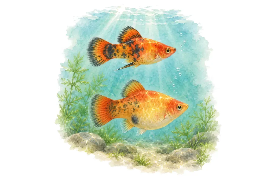 Aquarelle : Platy variatus, mâle et femelle l'un au-dessus de l'autre dans une eau turquoise.
