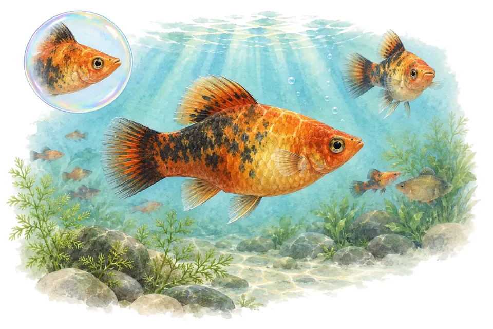 Aquarelle : Platy variatus (Xiphophorus variatus) dans une eau turquoise lumineuse, avec une vue de trois quarts et un détail dans une bulle.