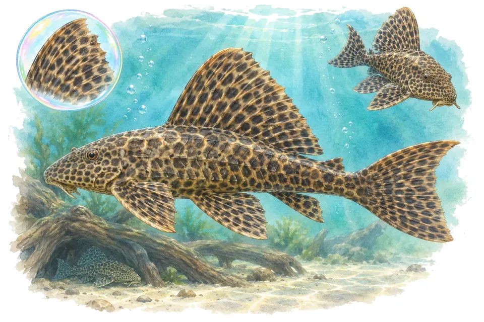 Aquarelle : Pléco commun (Pterygoplichthys gibbiceps) dans une eau turquoise lumineuse, avec une vue de trois quarts et un détail dans une bulle.