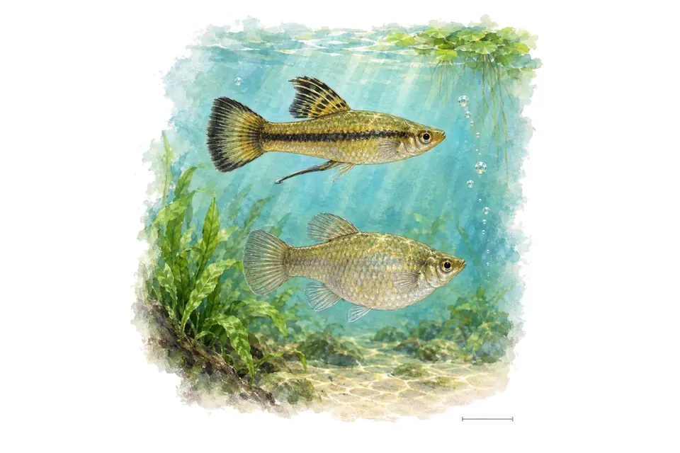 Aquarelle : Poécilie mexicaine, mâle et femelle l'un au-dessus de l'autre dans une eau turquoise.