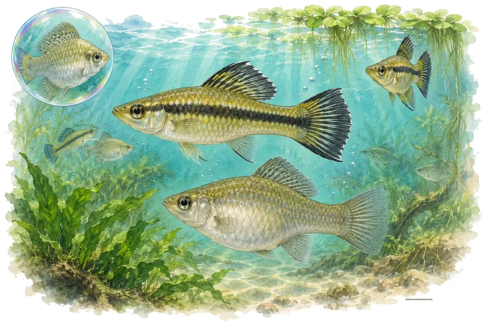 Aquarelle : Poécilie mexicaine (Poecilia mexicana) dans une eau turquoise lumineuse, avec une vue de trois quarts et un détail dans une bulle.