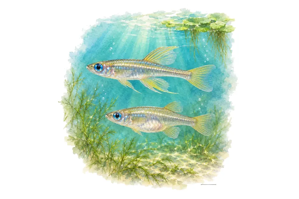 Aquarelle : Poisson à lampe de Norman, mâle et femelle l'un au-dessus de l'autre dans une eau turquoise.