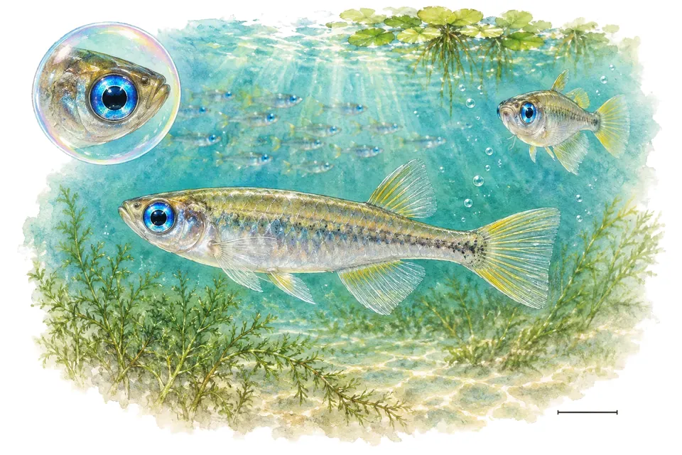 Aquarelle : Poisson à lampe de Norman (Poropanchax normani) dans une eau turquoise lumineuse, avec une vue de trois quarts et un détail dans une bulle.
