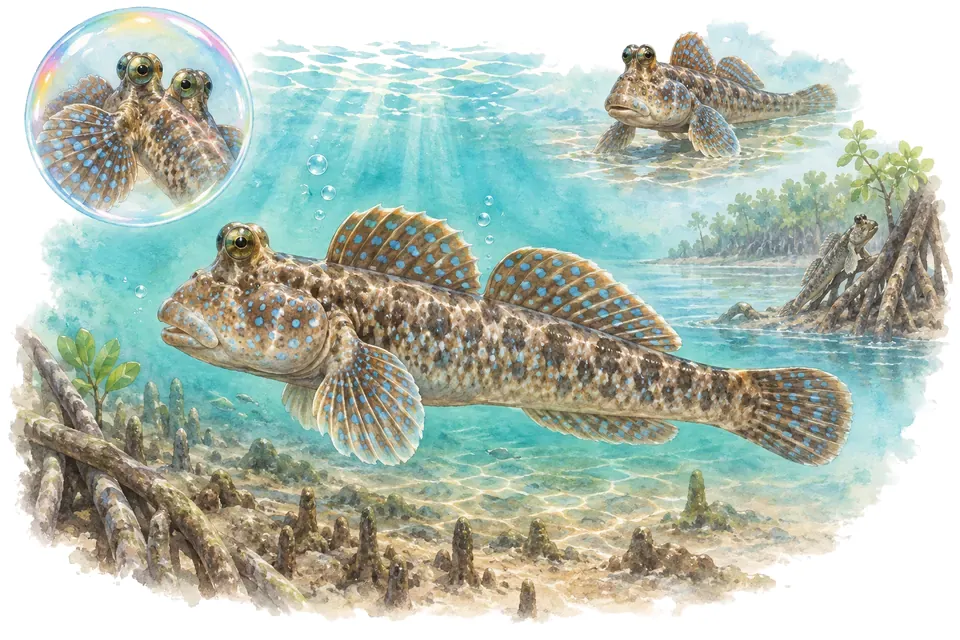 Aquarelle : Périophtalme de Barbarie (Periophthalmus barbarus) dans une eau turquoise lumineuse, avec une vue de trois quarts et un détail dans une bulle.