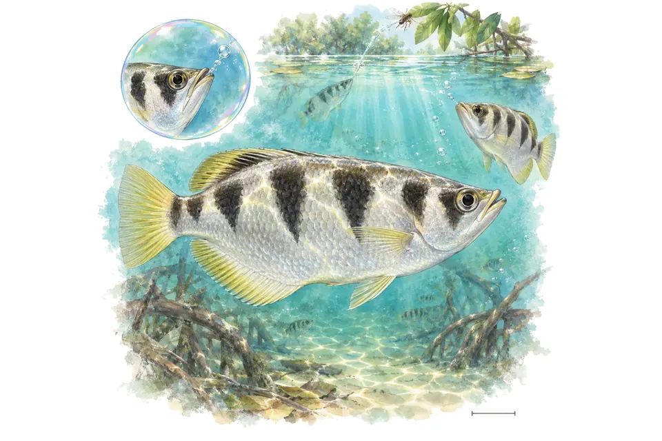 Aquarelle : Poisson-archer commun (Toxotes jaculatrix) dans une eau turquoise lumineuse, avec une vue de trois quarts et un détail dans une bulle.