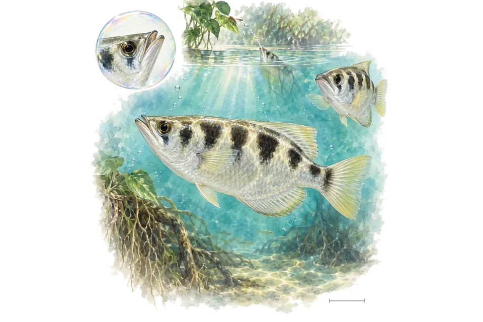 Aquarelle : Poisson-archer de Blyth (Toxotes blythii) dans une eau turquoise lumineuse, avec une vue de trois quarts et un détail dans une bulle.