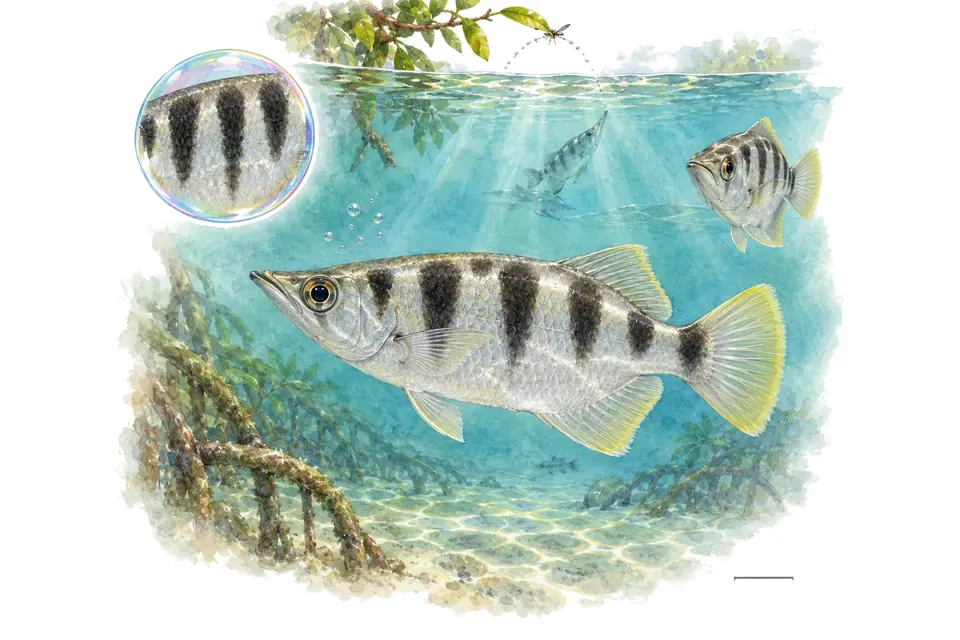 Aquarelle : Poisson-archer nain (Toxotes microlepis) dans une eau turquoise lumineuse, avec une vue de trois quarts et un détail dans une bulle.