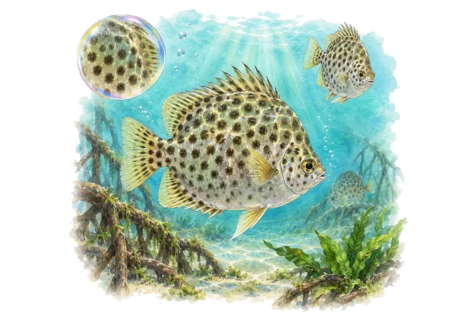 Aquarelle : Scatophage tacheté (Scatophagus argus) dans une eau turquoise lumineuse, avec une vue de trois quarts et un détail dans une bulle.