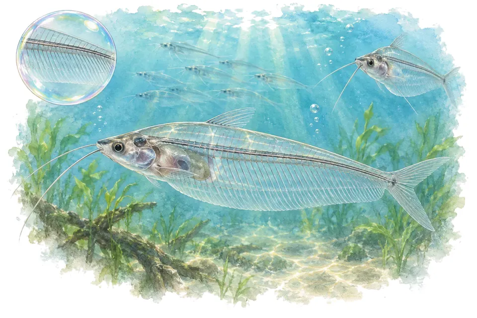 Aquarelle : Poisson-chat de verre (Kryptopterus vitreolus) dans une eau turquoise lumineuse, avec une vue de trois quarts et un détail dans une bulle.