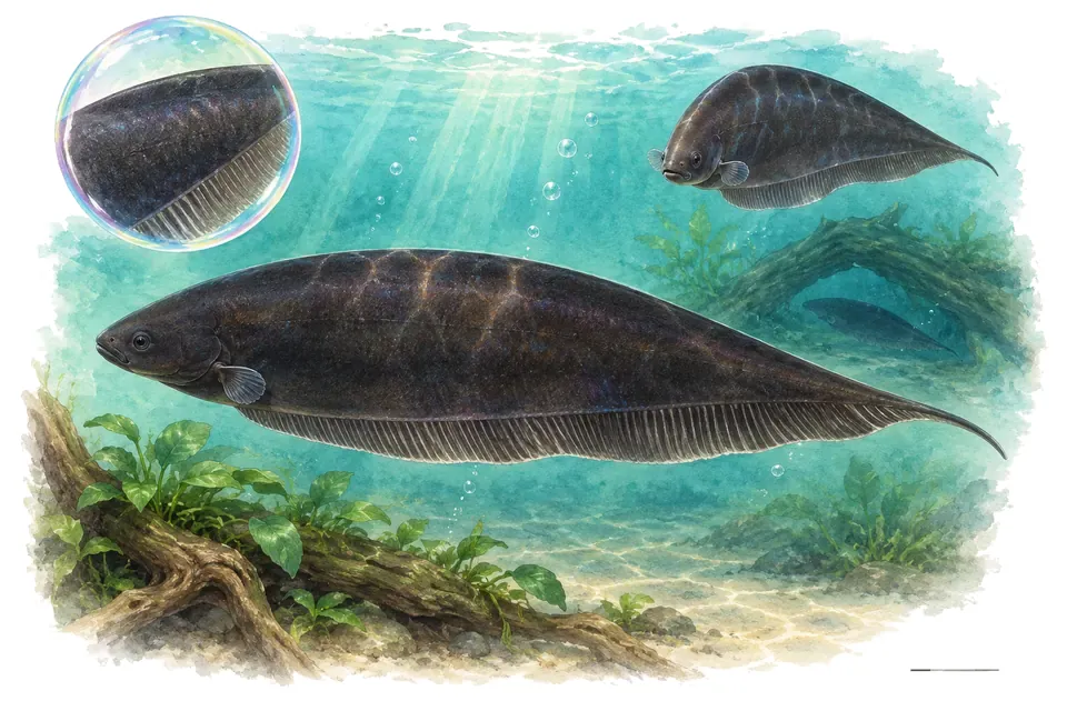 Aquarelle : Poisson-couteau africain (Xenomystus nigri) dans une eau turquoise lumineuse, avec une vue de trois quarts et un détail dans une bulle.