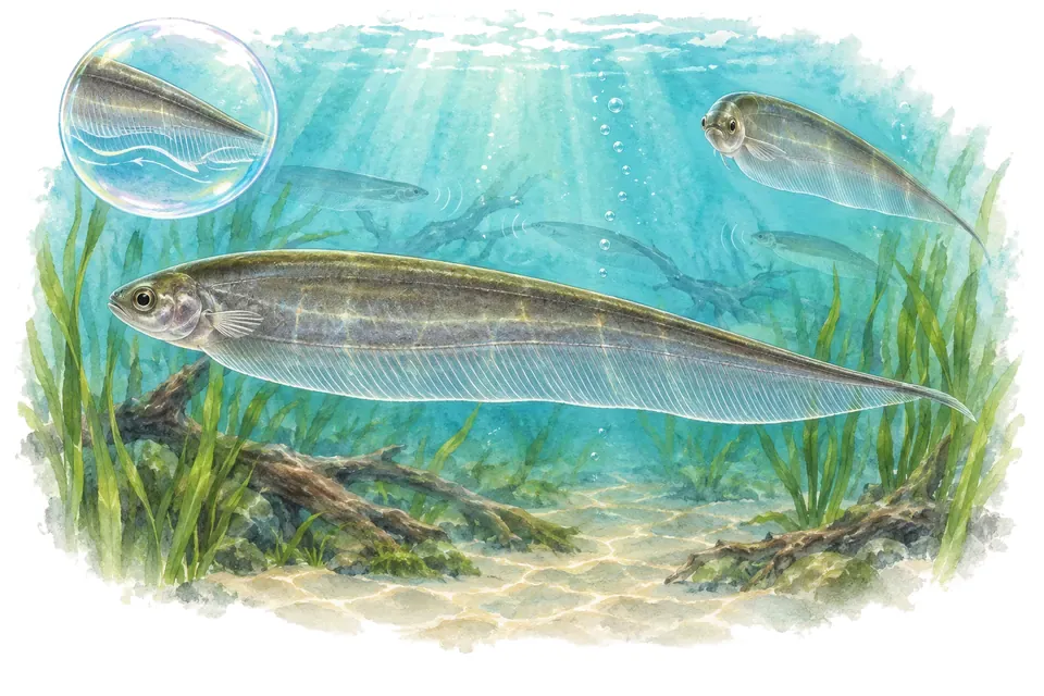 Aquarelle : Poisson-couteau de verre (Eigenmannia virescens) dans une eau turquoise lumineuse, avec une vue de trois quarts et un détail dans une bulle.