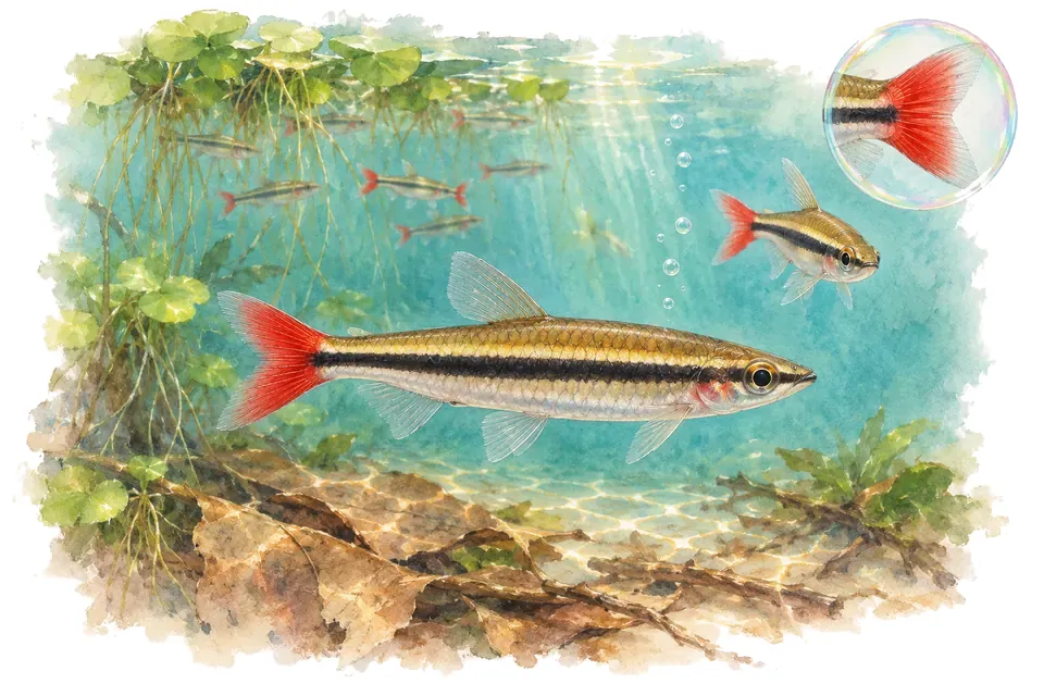 Aquarelle : Poisson-crayon à queue rouge (Nannostomus rubrocaudatus) dans une eau turquoise lumineuse, avec une vue de trois quarts et un détail dans une bulle.