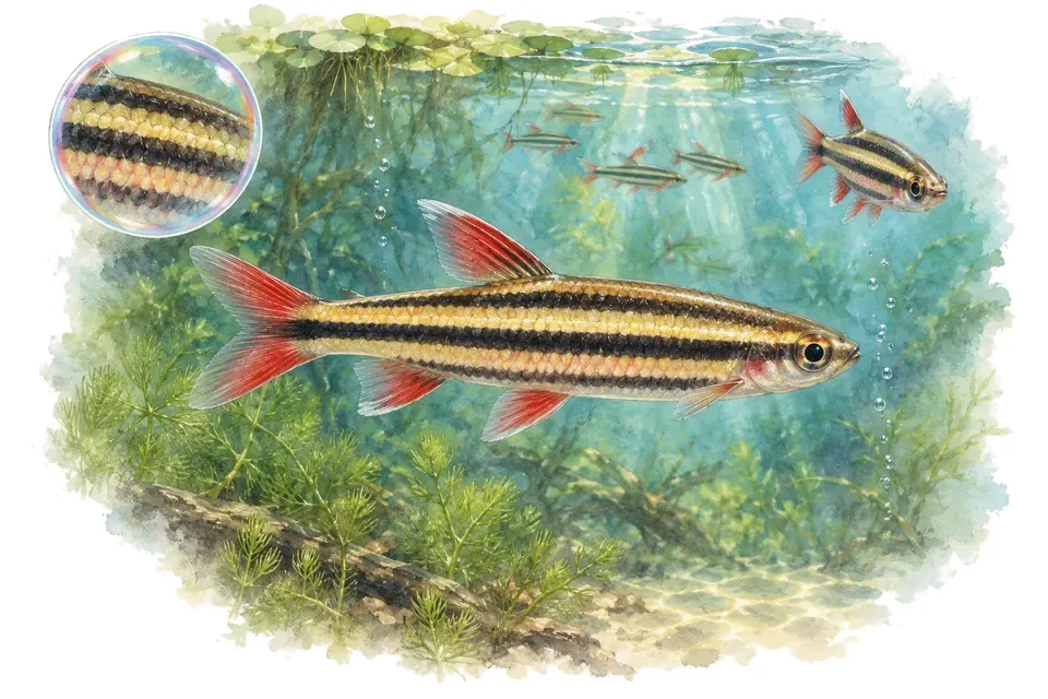 Aquarelle : Poisson-crayon à trois bandes (Nannostomus trifasciatus) dans une eau turquoise lumineuse, avec une vue de trois quarts et un détail dans une bulle.
