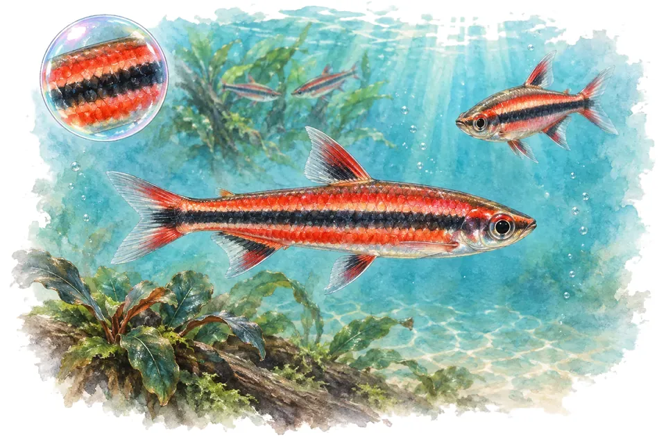 Aquarelle : Poisson-crayon corail rouge (Nannostomus mortenthaleri) dans une eau turquoise lumineuse, avec une vue de trois quarts et un détail dans une bulle.