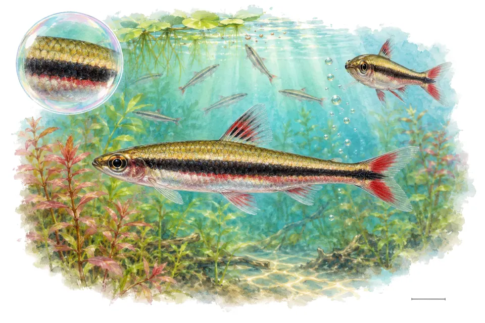 Aquarelle : Poisson-crayon de Beckford (Nannostomus beckfordi) dans une eau turquoise lumineuse, avec une vue de trois quarts et un détail dans une bulle.