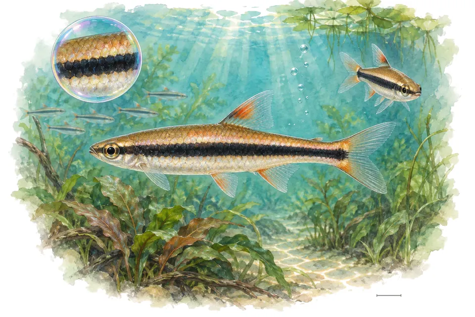 Aquarelle : Poisson-crayon de Harrison (Nannostomus harrisoni) dans une eau turquoise lumineuse, avec une vue de trois quarts et un détail dans une bulle.