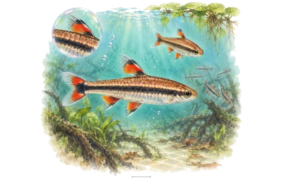 Aquarelle : Poisson-crayon d'Espei (Nannostomus espei) dans une eau turquoise lumineuse, avec une vue de trois quarts et un détail dans une bulle.