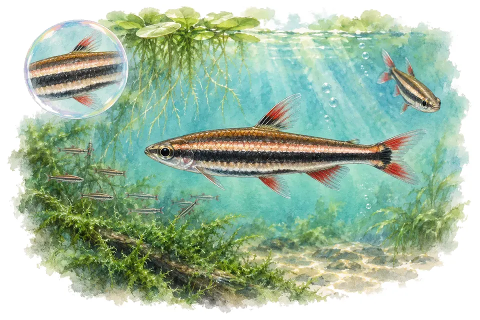 Aquarelle : Poisson-crayon nain (Nannostomus marginatus) dans une eau turquoise lumineuse, avec une vue de trois quarts et un détail dans une bulle.