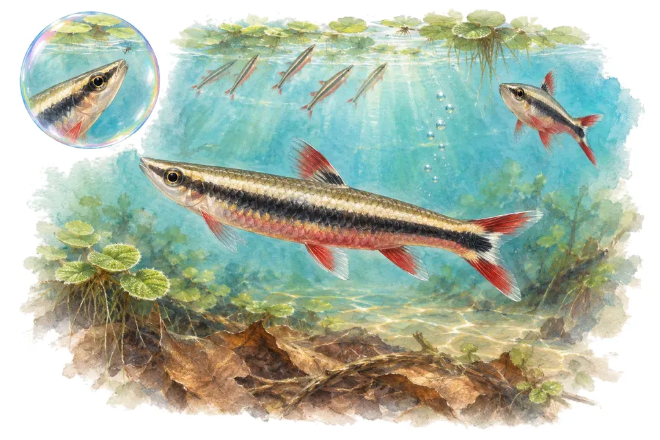 Aquarelle : Poisson-crayon queue-de-ciseau (Nannostomus eques) dans une eau turquoise lumineuse, avec une vue de trois quarts et un détail dans une bulle.