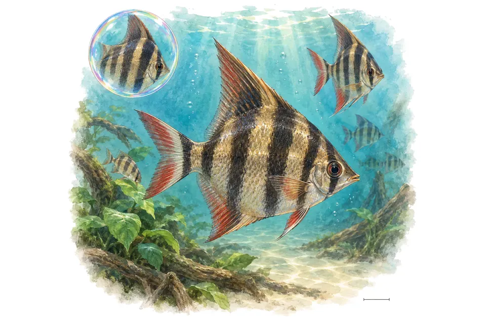 Aquarelle : Poisson-crayon tête-de-cheval (Abramites hypselonotus) dans une eau turquoise lumineuse, avec une vue de trois quarts et un détail dans une bulle.
