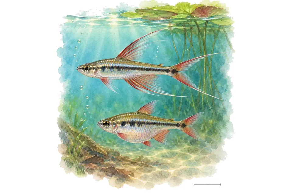 Aquarelle : Poisson éclabousseur, mâle et femelle l'un au-dessus de l'autre dans une eau turquoise.